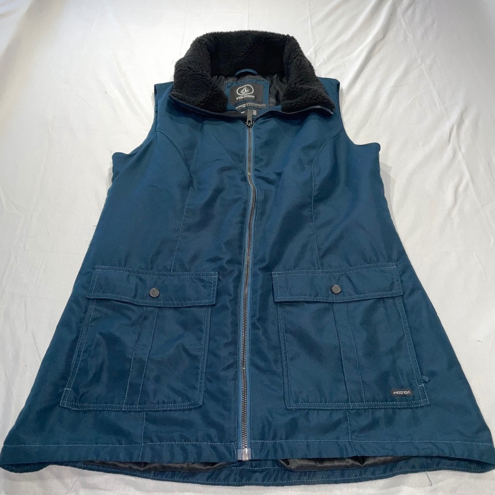 Volcom Womens Longline DWR Utility Vest Teal Blue Sherpa Collar H0251804 Medium‎